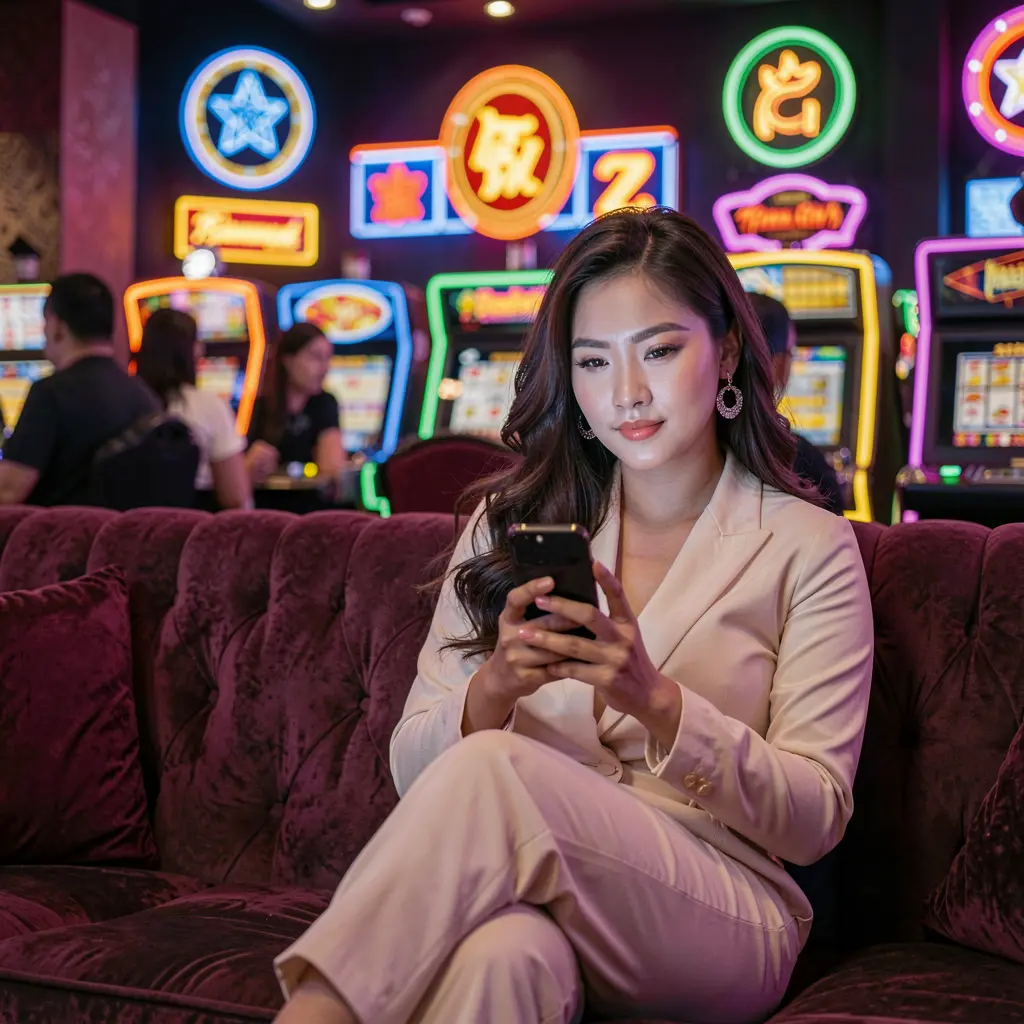 Confident Filipino woman relaxing on a sofa while using the JILIBBB2 casino app with bright neon casino symbols glowing behind her