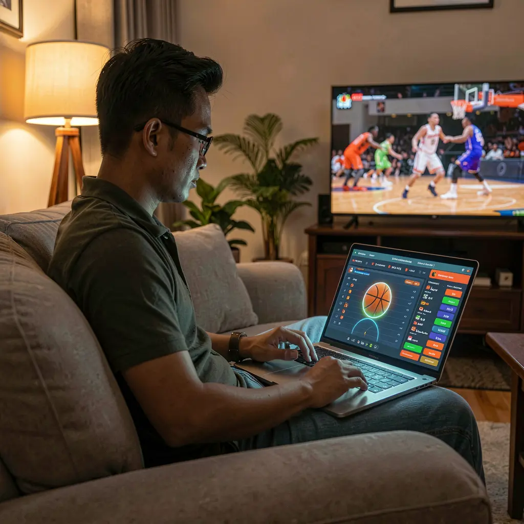 Focused Filipino sports bettor using the JILIBBB2 online betting platform on a laptop while watching a live basketball game on TV at home