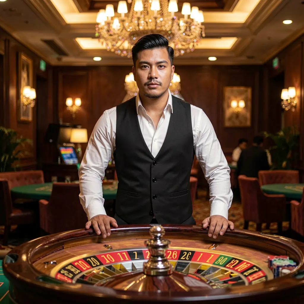 Elegant live casino dealer in a black vest and white shirt standing at a glowing roulette table with luxury lights representing the premium live casino experience on JILIBBB2 in the Philippines