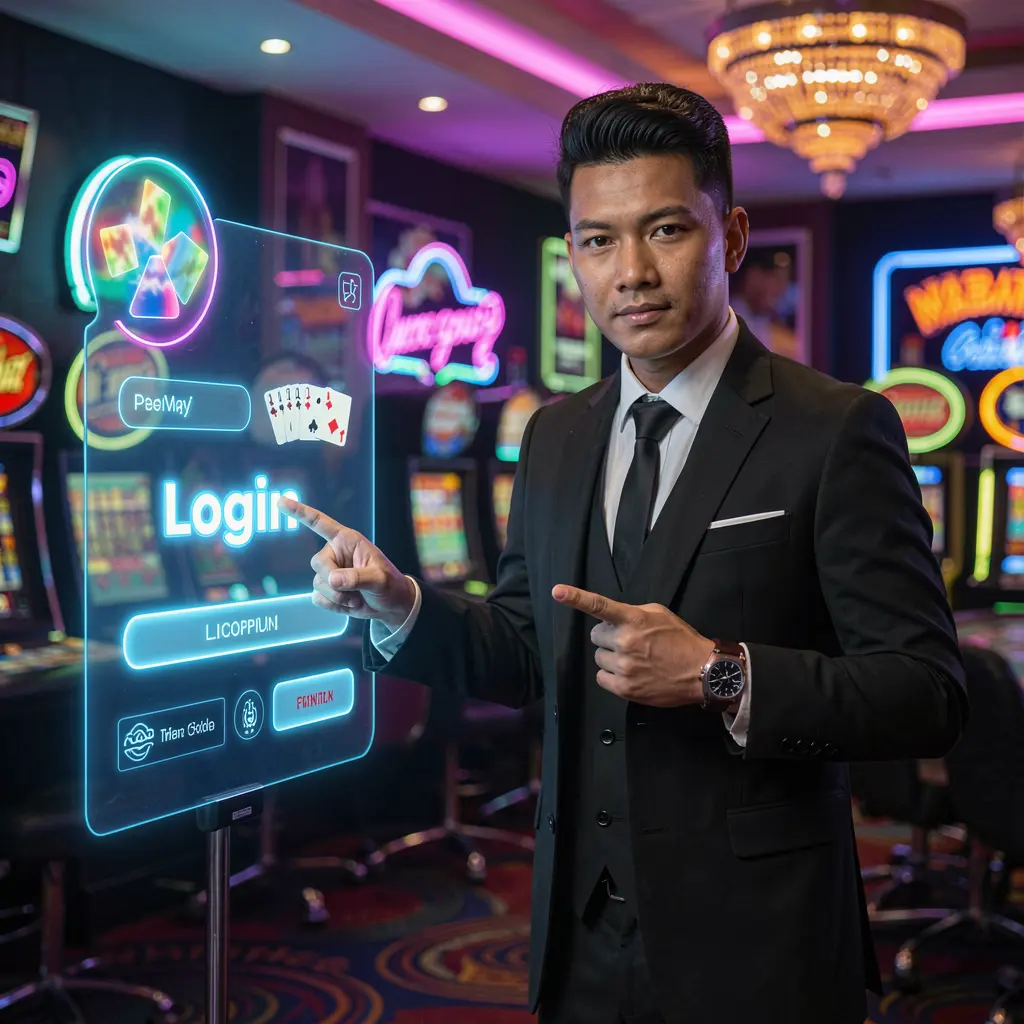 Confident Filipino casino host pointing at a glowing digital login screen inside a modern casino interface of JILIBBB2 in the Philippines