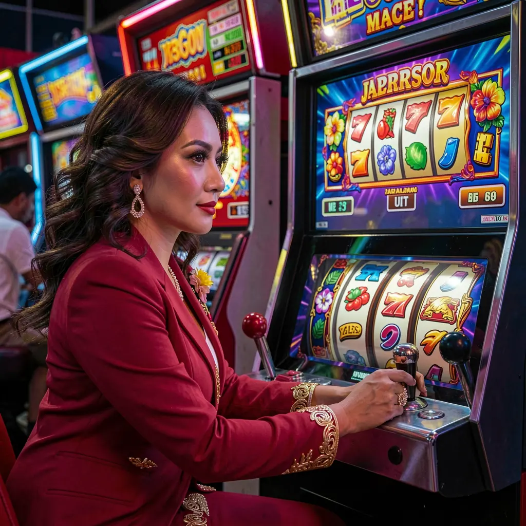 Confident female player intensely engaged with a modern slot machine in a high end casino atmosphere at JILIBBB2 Philippines